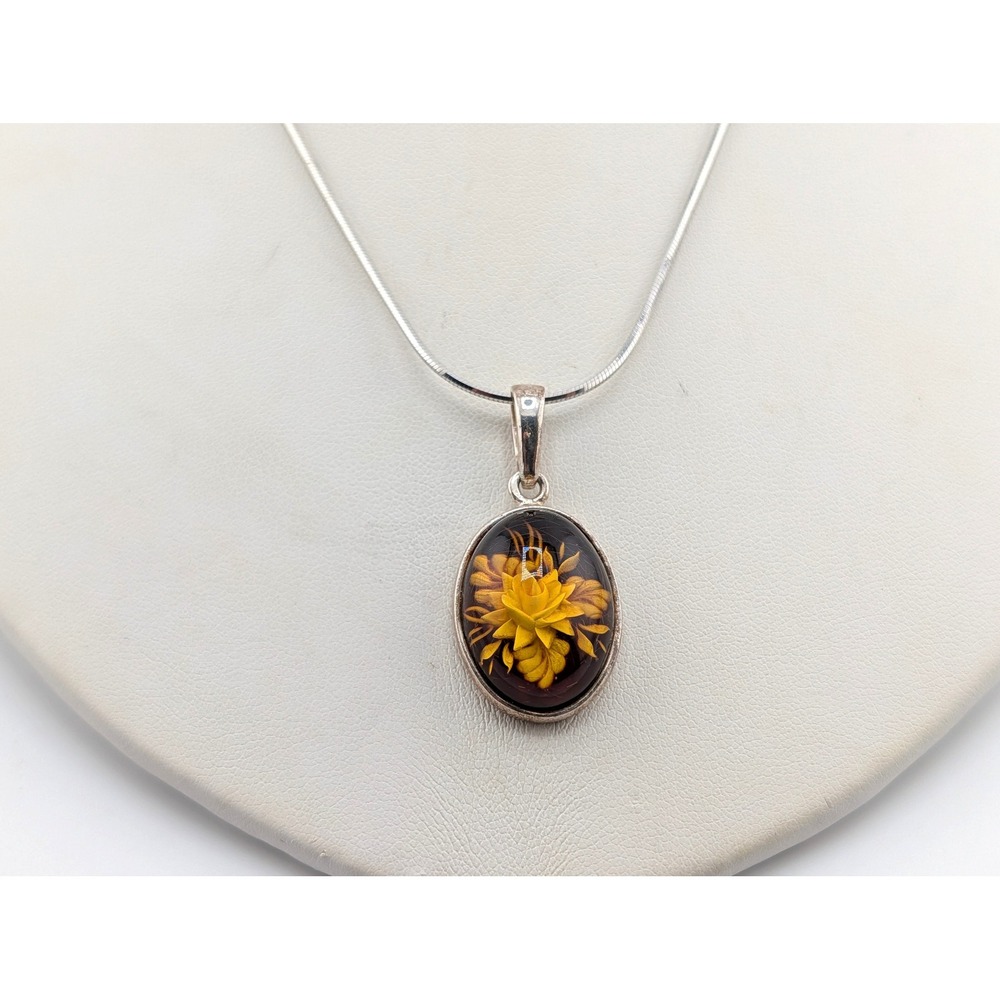 Handmade Carved Baltic Floral Amber 18in Snake Chain Pendant Necklace**